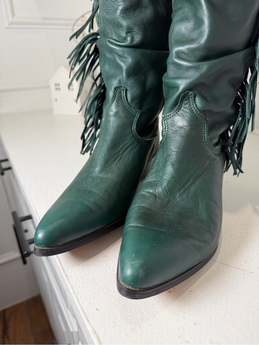 Vintage Dingo Womens 6.5M Forest Green Leather Fringe Cowboy Boots Tall Western - Picture 4 of 9